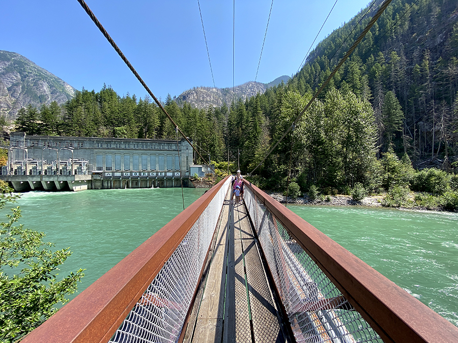 One Day at North Cascades National Park. Hiking with Kids at North Cascades National Park. Ladder Creek Falls suspension bridge.